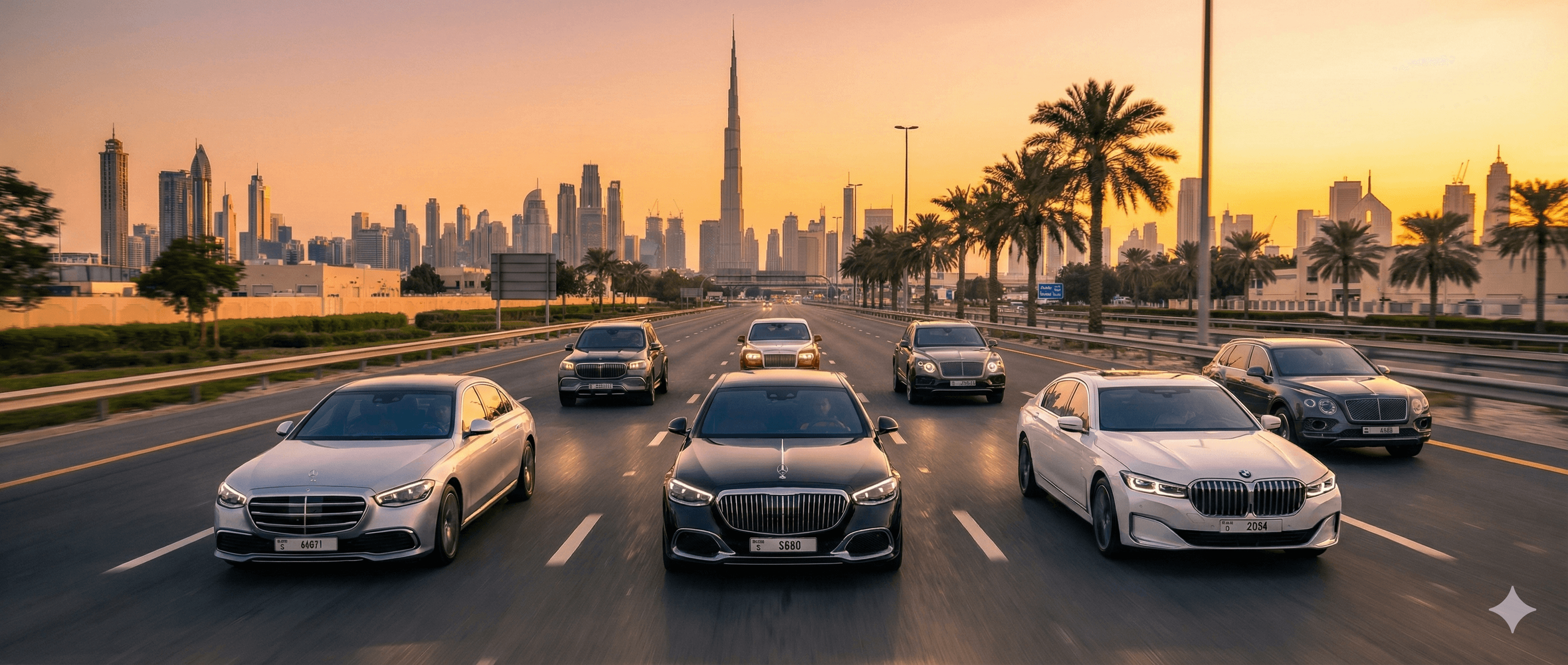 Luxury cars on a Dubai city street at night